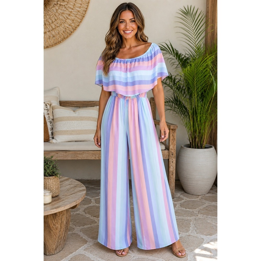 Buddy Love Pastel Stripe Off Shoulder Wide Leg Jumpsuit Small Boho Josephine